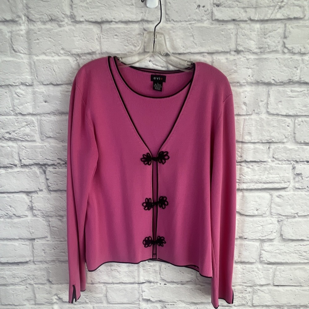 Evie VTG 90s 2 Piece Pink/Black Trim Knit Set Cardigan & Tank Top Size L Preppy